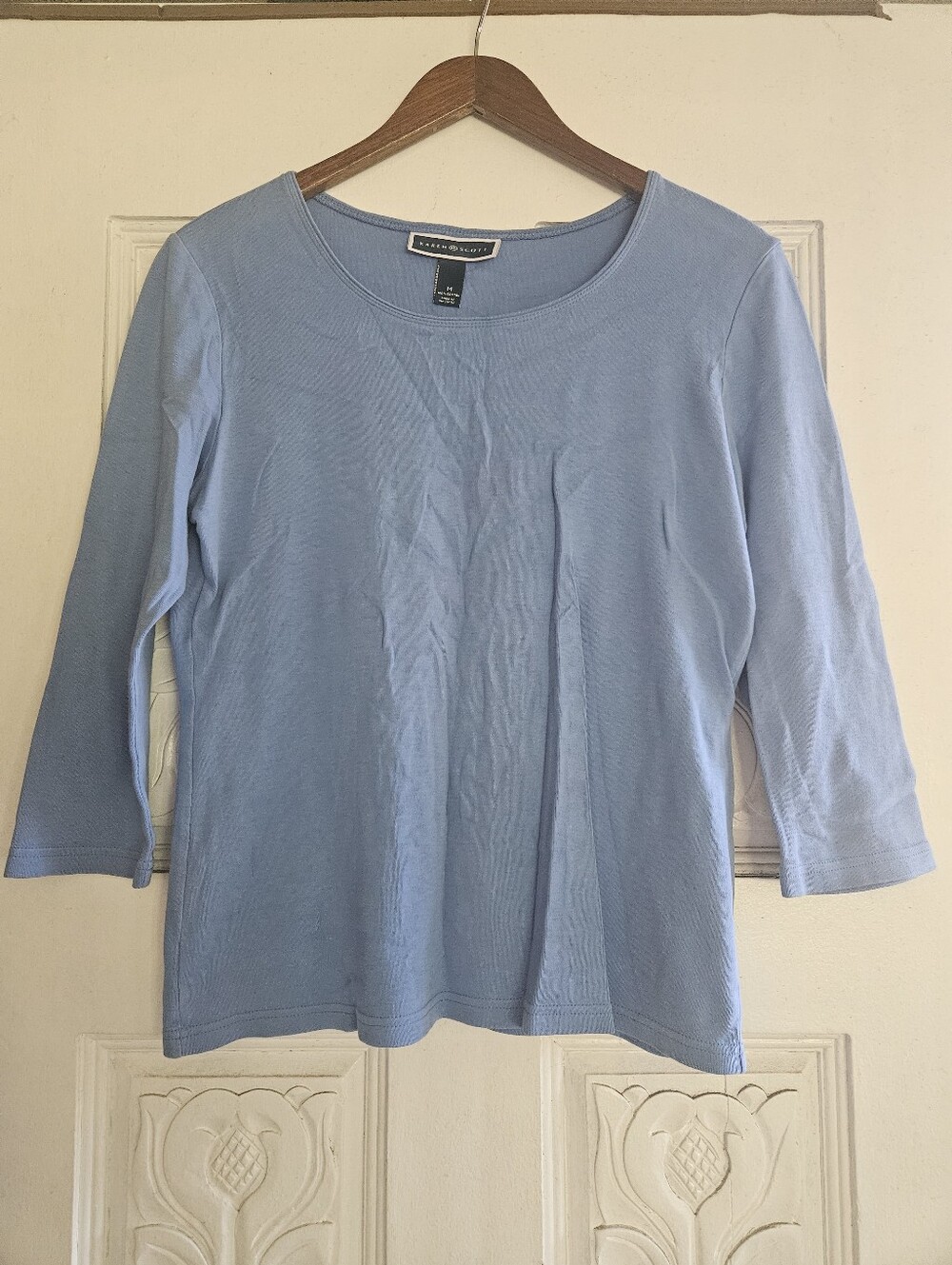 Karen Scott Powder Blue Scoop Neck 3/4 Sleeve Tee Medium